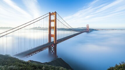 Fototapeta premium A large red bridge spans across a sea of morning fog