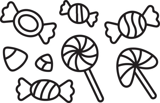 Black and White Candy Illustration Lollipop Wrapped Candies and Triangle Candy