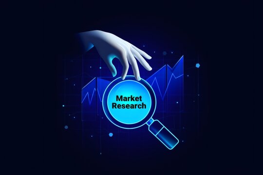 A digital illustration concept for market research, showing a hand using a magnifying glass to analyze business data on a glowing chart