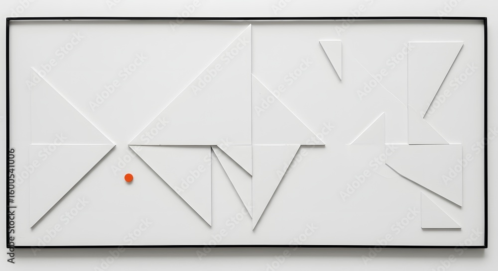 Aufkleber framed white relief with geometric shapes and a single red dot creating an abstract composition