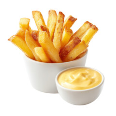 Crispy golden French fries served in white bowl with side of creamy dip, perfect for snacking or sharing. Enjoy delicious combination of flavors