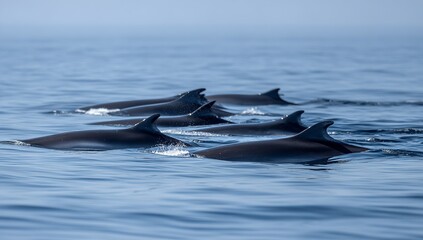 Fototapeta premium Group of Sleek Black Minke Whales Swimming with Long Fins on White Background