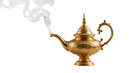 Golden genie lamp with smoke isolated on white background for magical wishes and fantasy concepts on transparent background