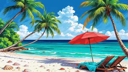 Naklejka premium Tropical Beach Scene without People – Flat Vector Illustration with Palm Trees, Sand, and Clear Blue Water