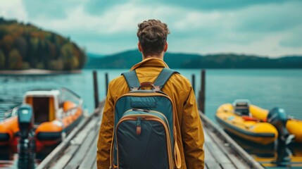 Fototapeta premium A young Caucasian man with curly hair stands on a wooden pier, gazing at the tranquil lake surrounded by boats and lush hills under a cloudy sky.