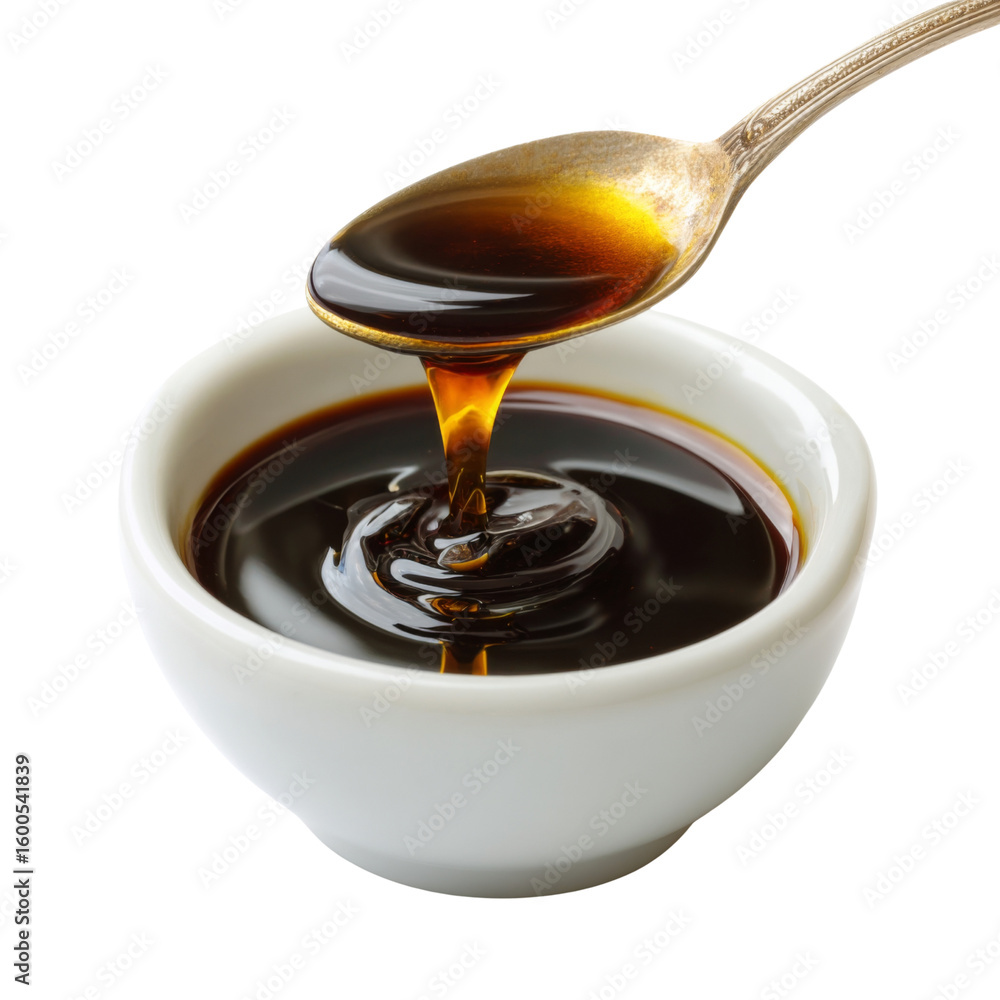 Poster rich, dark syrup is being poured from spoon into white bowl, creating mesmerizing swirl. this captur