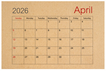 Brown paper calendar for April 2026 isolated on white background, Save clipping path.