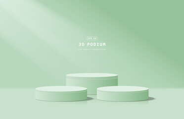 Abstract soft 3D room with set of realistic green cylinder pedestal podium. Minimal scene for product display presentation. 3d vector geometric platform design. Stage for show product, Cosmetic