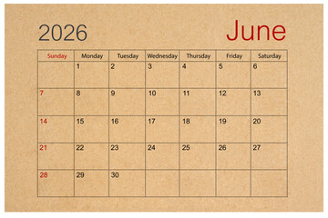 Brown paper calendar for June 2026 isolated on white background, Save clipping path.