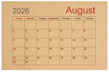 Brown paper calendar for August 2026 isolated on white background, Save clipping path.