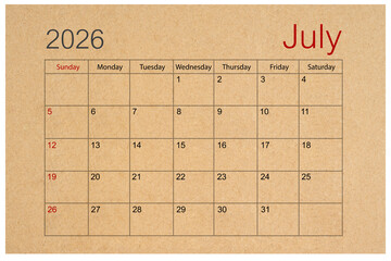 Brown paper calendar for July 2026 isolated on white background, Save clipping path.