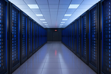 Fototapeta premium High-Tech Data Center Server Room with Rows of Racks and Network Equipment for Technology and Cloud Infrastructure Concepts