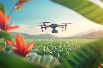 A drone flying over farmland