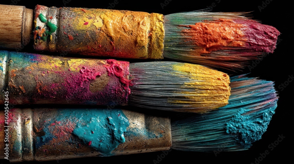 Poster two artistic paintbrushes overlapping covered in various colorful acrylic paint textures and pattern