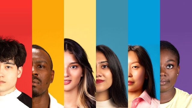 Vertical composition of diverse people on colorful backgrounds with serious and neutral expressions. Concept of multiracial inclusion in digital campaigns, age diversity in lifestyle blogs - Powered by Adobe