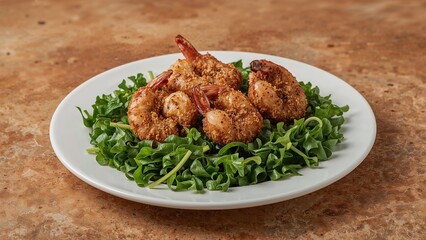 Fototapeta premium SautÃ©ed trio of mushrooms and shrimp seasoned with black pepper, accompanied by a fresh organic salad