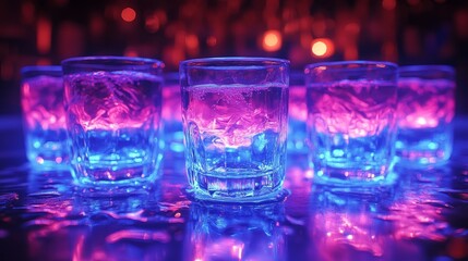 Glasses with ice and colorful lights create a lively atmosphere at a night bar, inviting for celebratory moments