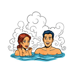 Young couple enjoying hot spring in warm water with steam  