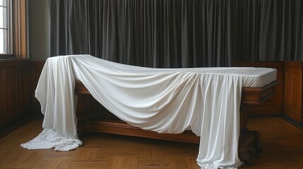 A pristine white cloth gracefully cascades over an antique wooden table