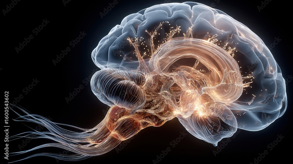 Poster human brain anatomy with nerve system on dark background representing neurological activity and cogn