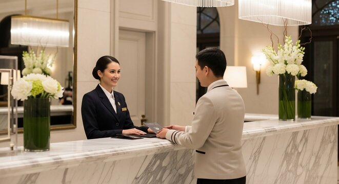 Hotel receptionist assisting a guest at the marble check-in counter, surrounded by elegant decor and floral arrangements.