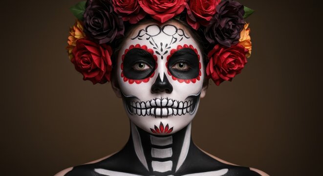 Woman wearing flowers on her head and skull makeup - Mexican Day of the Dead