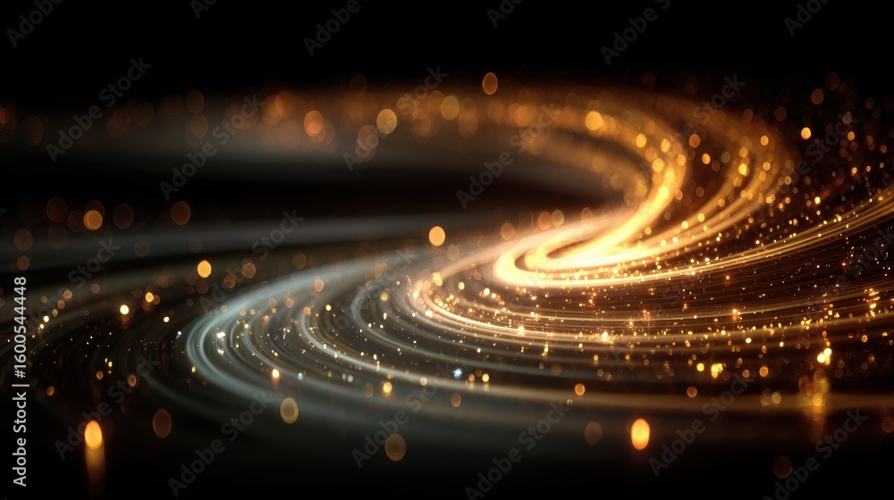 Poster golden light streaks flowing in circular motion on a dark background, creating a futuristic and abst
