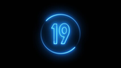 Glowing neon number. Neon counting number 19 text illustration.