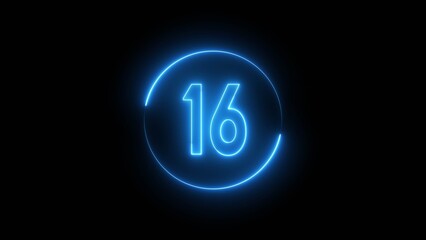 Glowing neon number. Neon counting number 16 text illustration.
