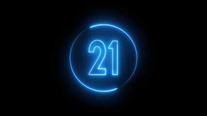 Glowing neon number. Neon counting number 21 text illustration.