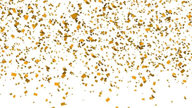 Dynamic Golden Confetti Shower on White Background, Festive Celebration Animation for Events and Partie, New Year's Eve Sparkle Falling Golden Shimmer Texture, Celebration Overlay Elegant Gold Confett