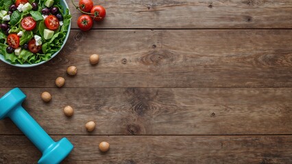 Healthy salad served with gym equipment on a wooden background, photographed from above with room for text. Suitable for fitness, dieting, and wellness concepts.