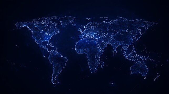 Fototapeta Digital blue world map illuminated with glowing lines and circuits on a dark background