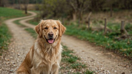 Golden retriever exploring a natural dirt lane