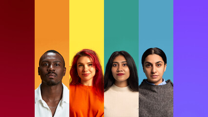 Portrait lineup of four diverse people facing camera with color-coded backgrounds. Concept of...