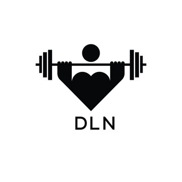 Minimalist DLN Logo with Dumbbell and Strong Arm Silhouette - Fitness Icon Design. DLN Letter Logo.
