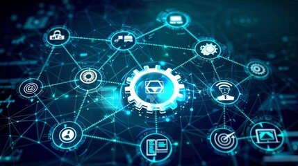 Obraz premium Interconnected gears with embedded icons representing technology, automation, and workflow processes, symbolizing digital innovation, system integration, and efficient business operations in a modern 