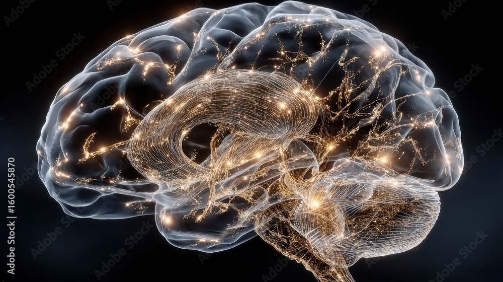 Poster human brain anatomy with nerve system on dark background representing neurological activity and cogn