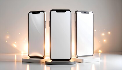 Three Mobile Devices on Wireless Charging Stands with Golden Lights, Blank Mockup