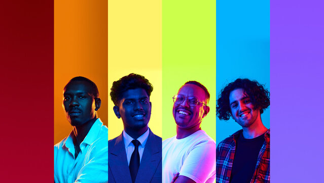 Group of diverse men standing in rainbow vertical lights. Concept of male representation, equality in tech teams, inclusive hiring, youth mentorship campaigns, lifestyle visuals.