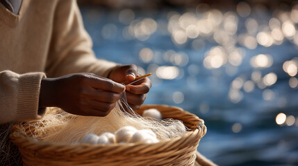 A fisherman mending a net by the river in soft natural light