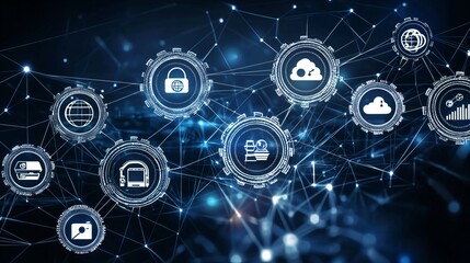 Interconnected gears with embedded icons representing technology, automation, and workflow processes, symbolizing digital innovation, system integration, and efficient business operations in a modern 