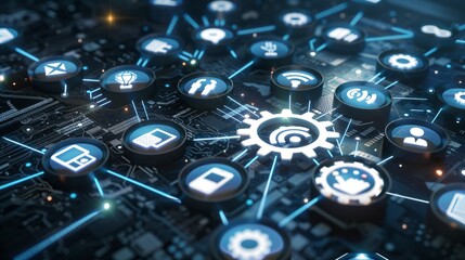 Interconnected gears with embedded icons representing technology, automation, and workflow processes, symbolizing digital innovation, system integration, and efficient business operations in a modern 