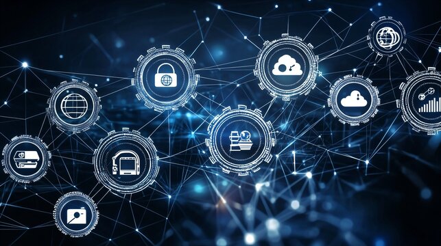 Interconnected gears with embedded icons representing technology, automation, and workflow processes, symbolizing digital innovation, system integration, and efficient business operations in a modern 