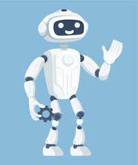 Cute white cartoon robot with a smiling face holding a gear and waving, perfect for tech, AI, or automation concepts. Vector illustration.
