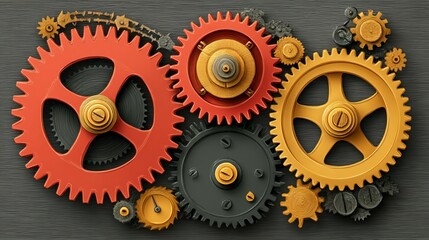 Interconnected gears with embedded icons representing technology, automation, and workflow processes, symbolizing digital innovation, system integration, and efficient business operations in a modern 