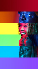 Colorful collage of smiling diverse people in horizontal stripes. Concept of equality in a...