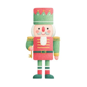 Whimsical Watercolor Illustration of a Nutcracker Soldier with Cheerful Expression and Playful Colors