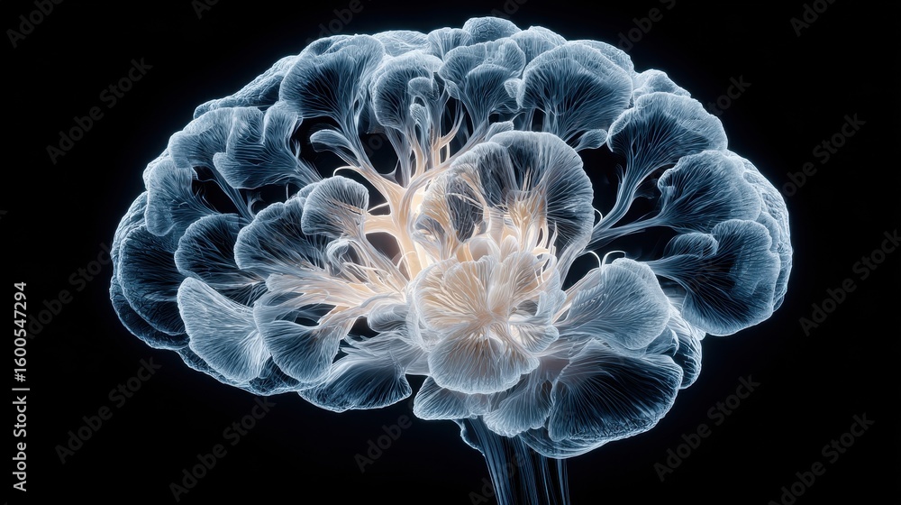 Poster human brain anatomy with nerve system on dark background representing neurological activity and cogn