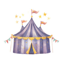 Obraz premium Watercolor Illustration of a Striped Tent Surrounded by Whimsical Stars and Colorful Details